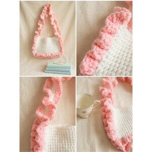 Handmade Crochet Ruffle Shoulder Bag | Pink & White